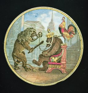 Potdeksel, met een beer, leeuw en haan, Staffordshire (aardewerk) door English School